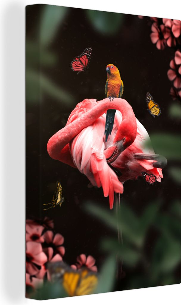 OneMillionCanvasses - Leinwandbilder - 90x140 cm, Dschungel - Flamingo - Papagei - Schmetterling, Wandbilder Kunstdruck Wanddekoration - Wandschm...