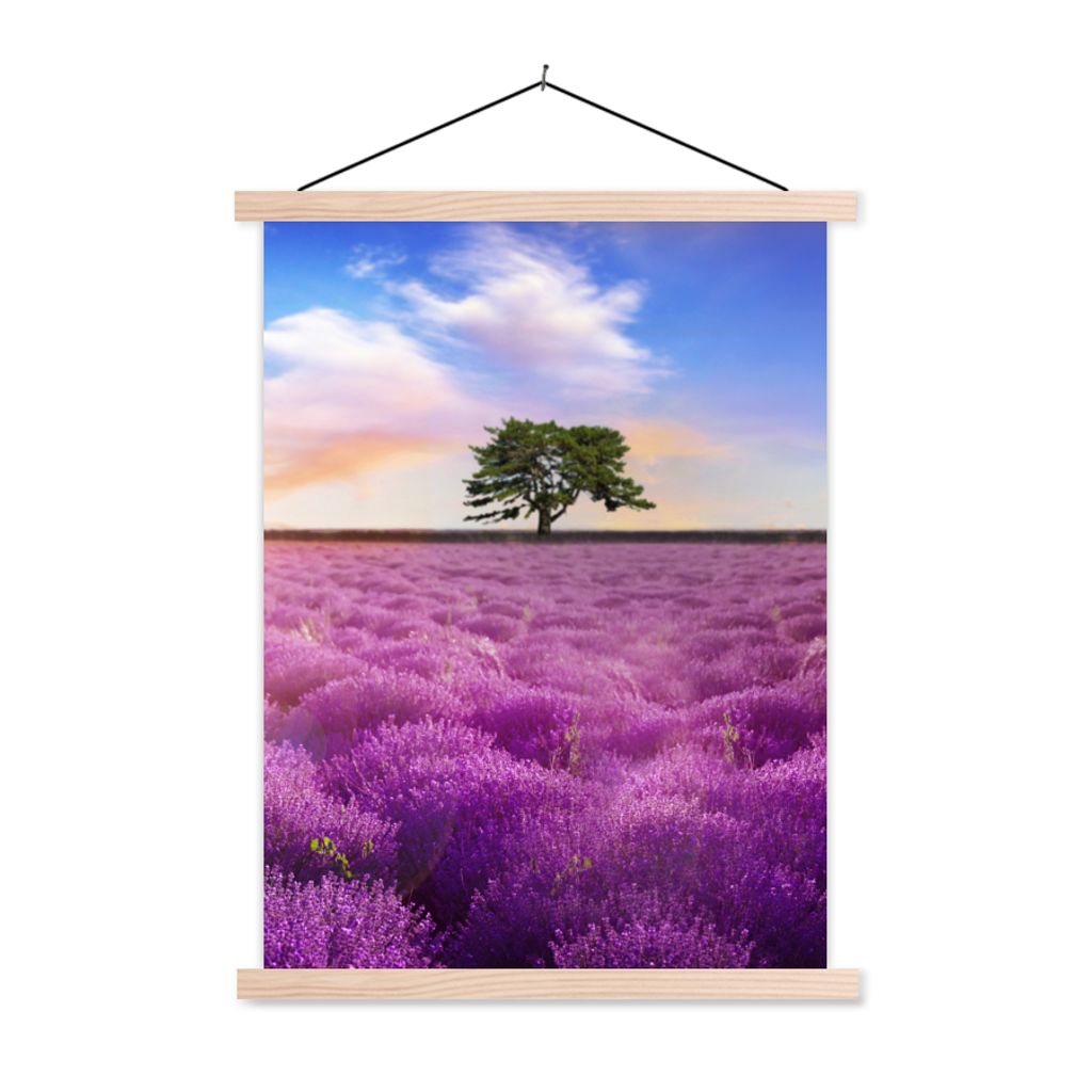 MuchoWow Textilposter Lavendel - Baum - Sonnenuntergang - Lila 40x53 cm mit holzfarbenen Rahmen - Schlafzimmer