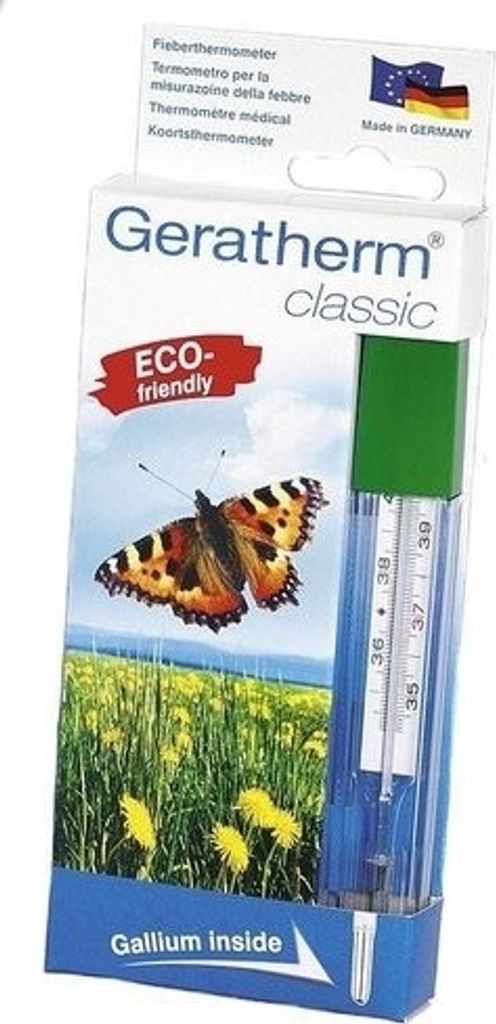 A product box for a Geratherm classic thermometer, featuring a butterfly and a meadow scene.