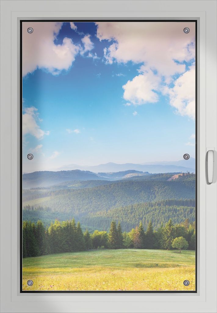 Wallario Lichtschutzbild, Dekorativer Sichtschutz Sonnenschutz 60 x 93 cm mit Motiv: Berglandschaft im Gebirge unter blauem Himmel - Verdunklung oh...