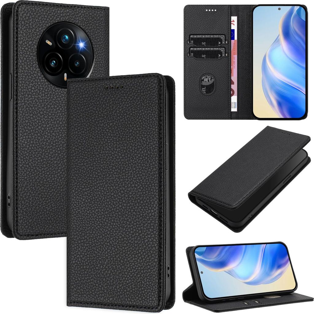 Litchi Leder Handyhülle für Realme 14 Pro+ Wallet Kartenfächer Standfunktion Hülle Schwarz