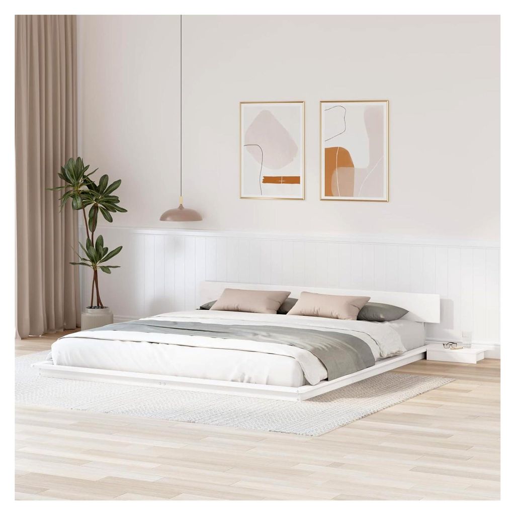 Bodenbettgestell mit Nachttischen Weiß 200x200cm Massivholz