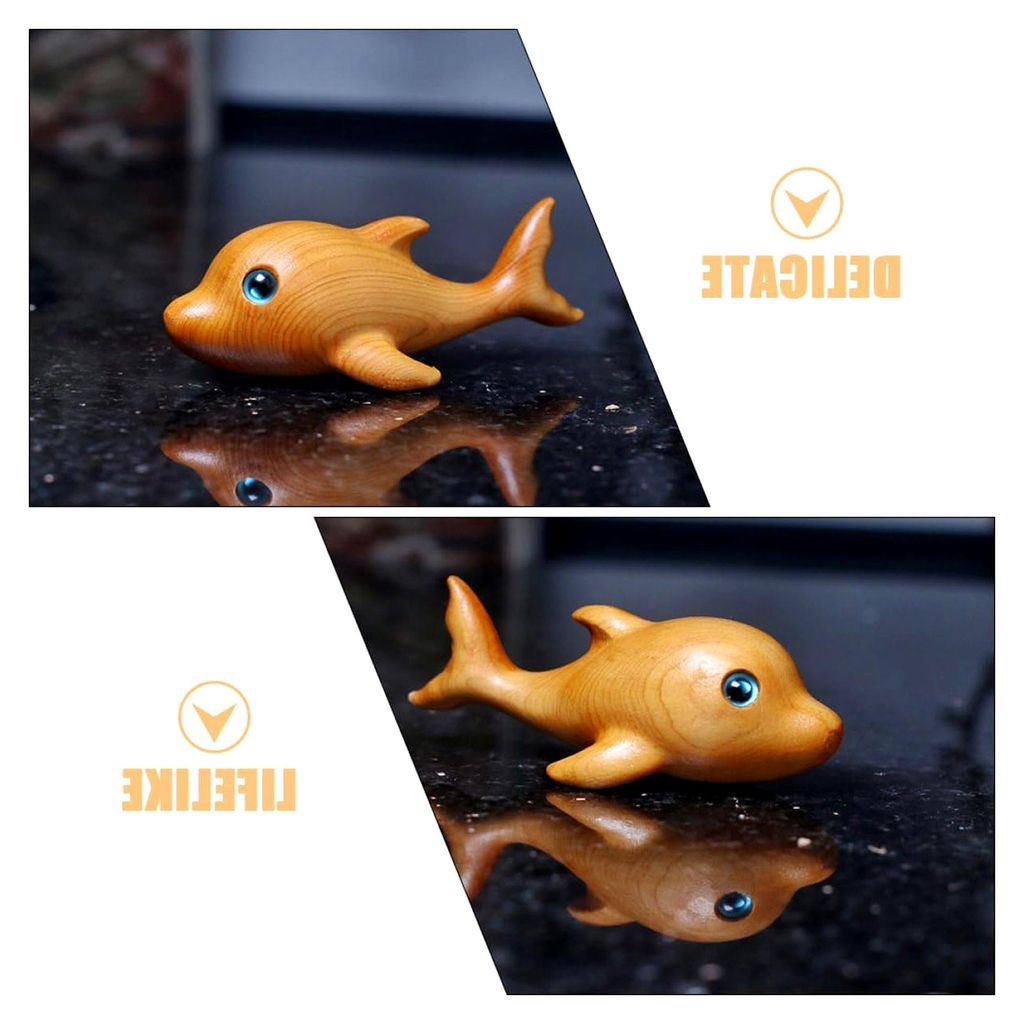 Delfinstatue aus Holz, handgeschnitzt, kleine Tischdekoration für Wohnzimmer und Garten, naturbelassen