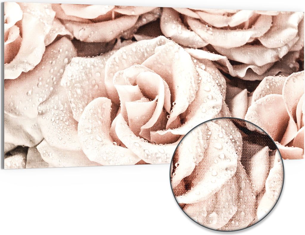 DEQORI Hybrid Leinwand Bild 100x50 cm 'Taufrische Rosen' Wandbild Glas flach modern