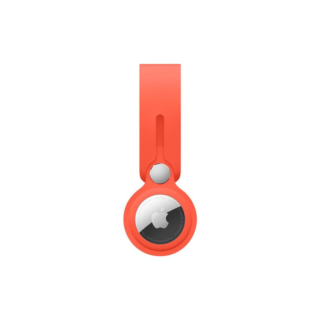 A product shot of an Apple AirTag holder in electric orange.