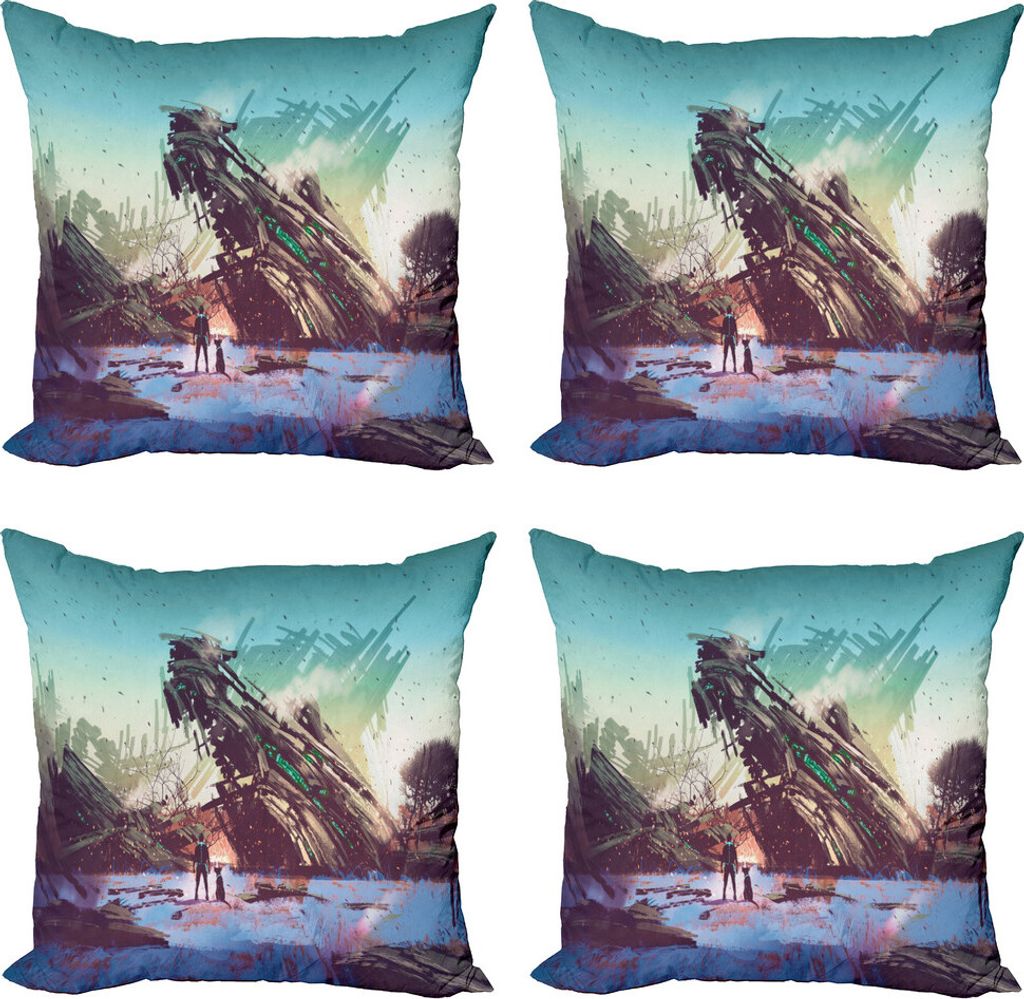 ABAKUHAUS Fantasy World Kissenbezug Set (4 Stück), Abgestürzt Spaceship Kunst, Moderner Doppelseitiger Digitaldruck, 50 cm x 50 cm, Blau Grün