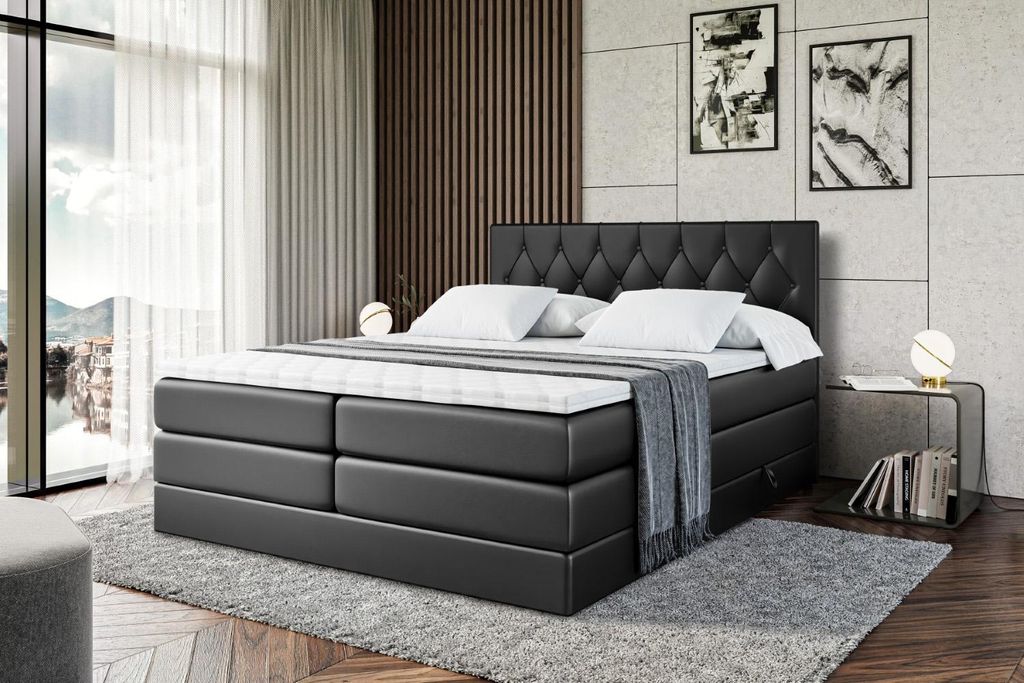 ALTDECOR Boxspringbett mit 2 Matratzen und Topper - 160x200 cm - VELANTO -BZ KING -Schwarz Kunstleder - Polsterbett mit, H3- und H4- Matratzen, Bet...