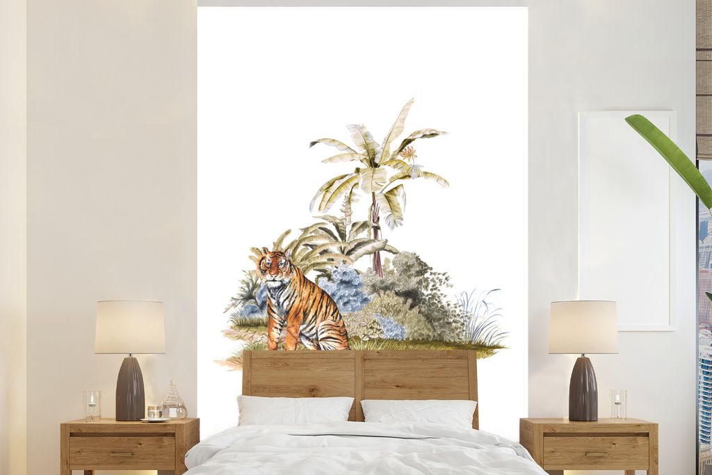 MuchoWow Fototapete für Wohnzimmer oder Schlafzimmer Wandtapete Vinyl Motivtapete Tiger - Pflanzen - Weiß - 155x240 cm - Tapete