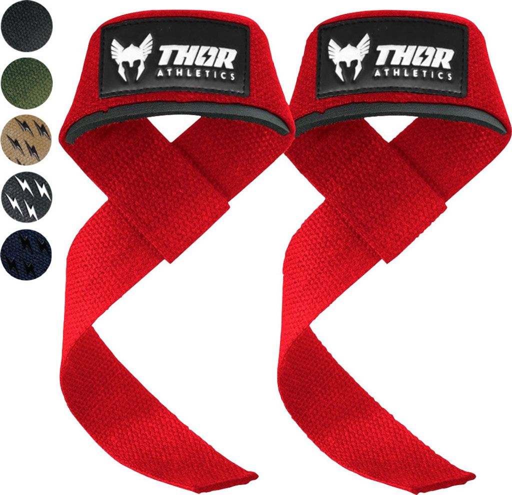 THOR ATHLETICS Zughilfen für Krafttraining & Powerlifting - Hebehilfen Krafttrainingsgurte mit Haken für Männer und Frauen - Rot