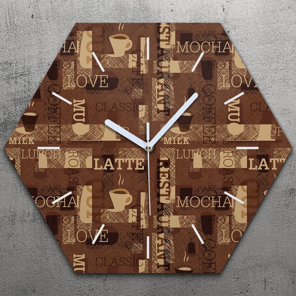 Uhr hexagonal 40 cm Glas Geräuschlos weiße Zeiger - Kaffee Mokka Liebe