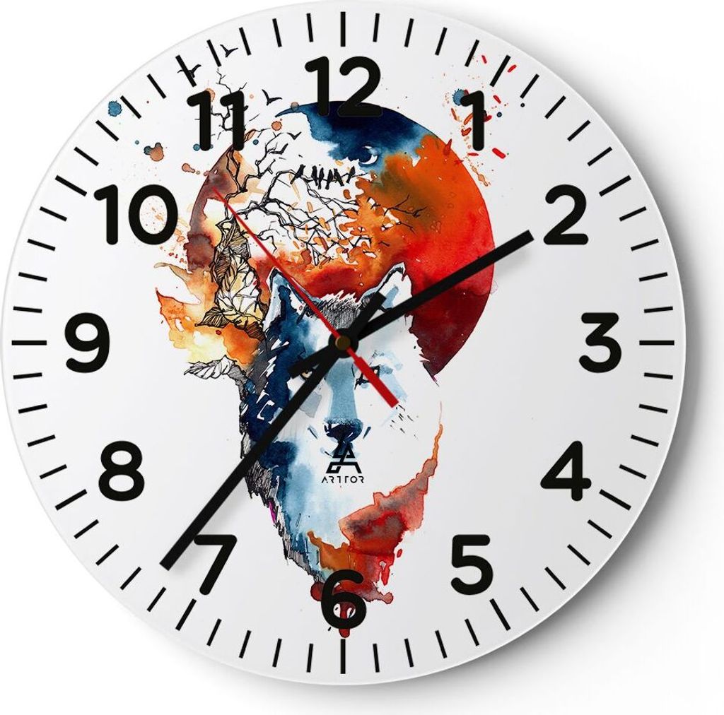 Wanduhr - Rund - Glasuhr - Tierwelt Pelz Abbildung Mond - 40x40cm - Schleichendes Uhrwerk - Lautlos - zum Aufhängen bereit - Dekoration Modern - W...