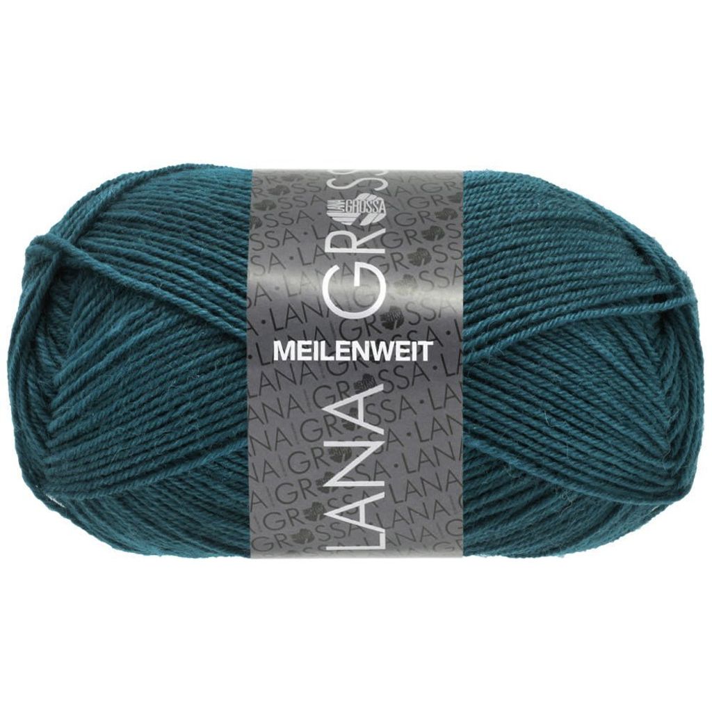 A ball of teal yarn with a label wrapped around it.