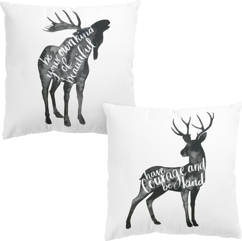 Dekokissen 2-teilig Tiere drinnen / Indoor Zierkissen Samt waschbar Hirsch schwarz weiss Aquarell Sofakissen mit Füllung