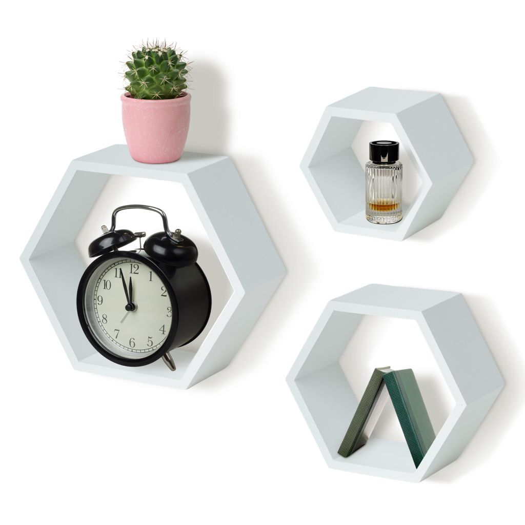 IvoQ Hexagon Wandregale – 3er Set – Holz – Weißes Kiefernholz – Schwebende Wandregale – Inklusive Befestigung