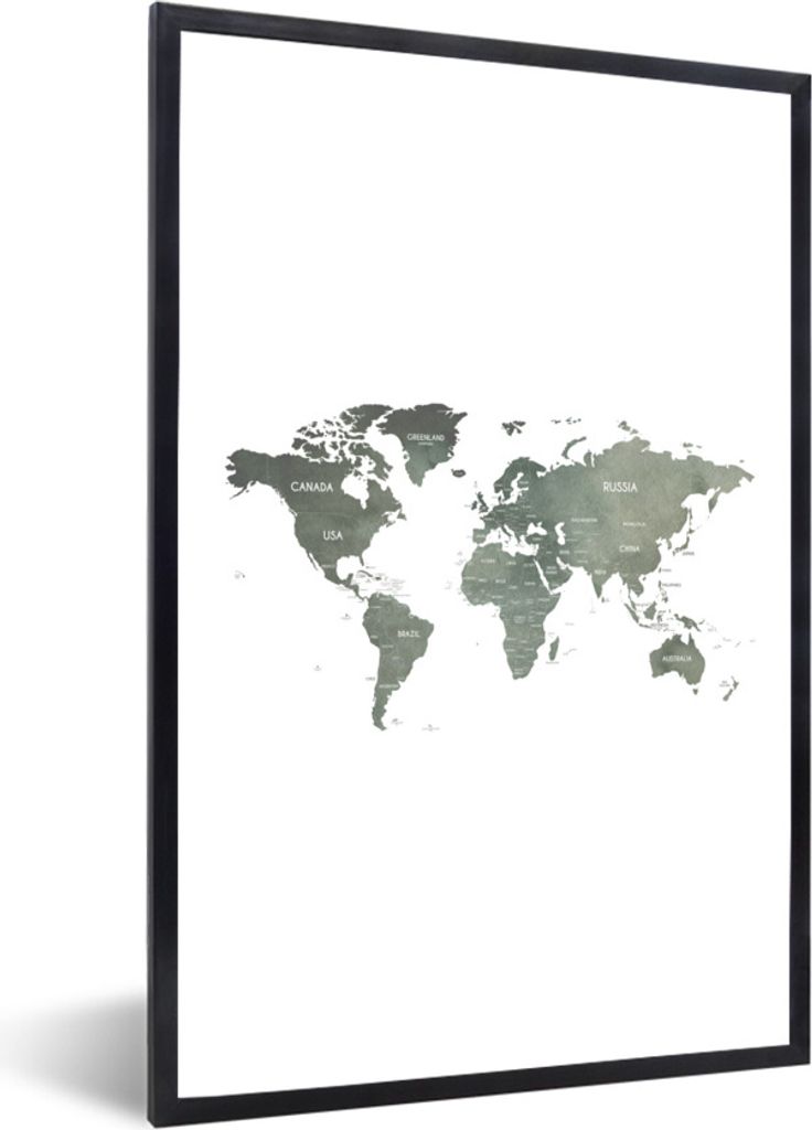 MuchoWow Gerahmtes Poster Weltkarte - Grau - Land 20x30 cm - Poster mit Schwarzem Bilderrahmen Wandposter Rahmen Foto Bilder - Drucken - Bilder P...