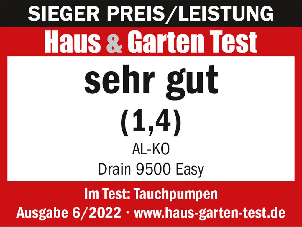 AL-KO Schmutzwassertauchpumpe Drain 9500 Easy, 300 W Motorleistung, max. Förderhöhe 6 m, max. Fördermenge 8500 l/h, max. Korngröße 25 mm