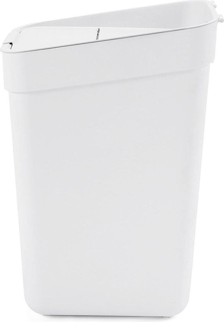 A white trash can with a slanted opening.