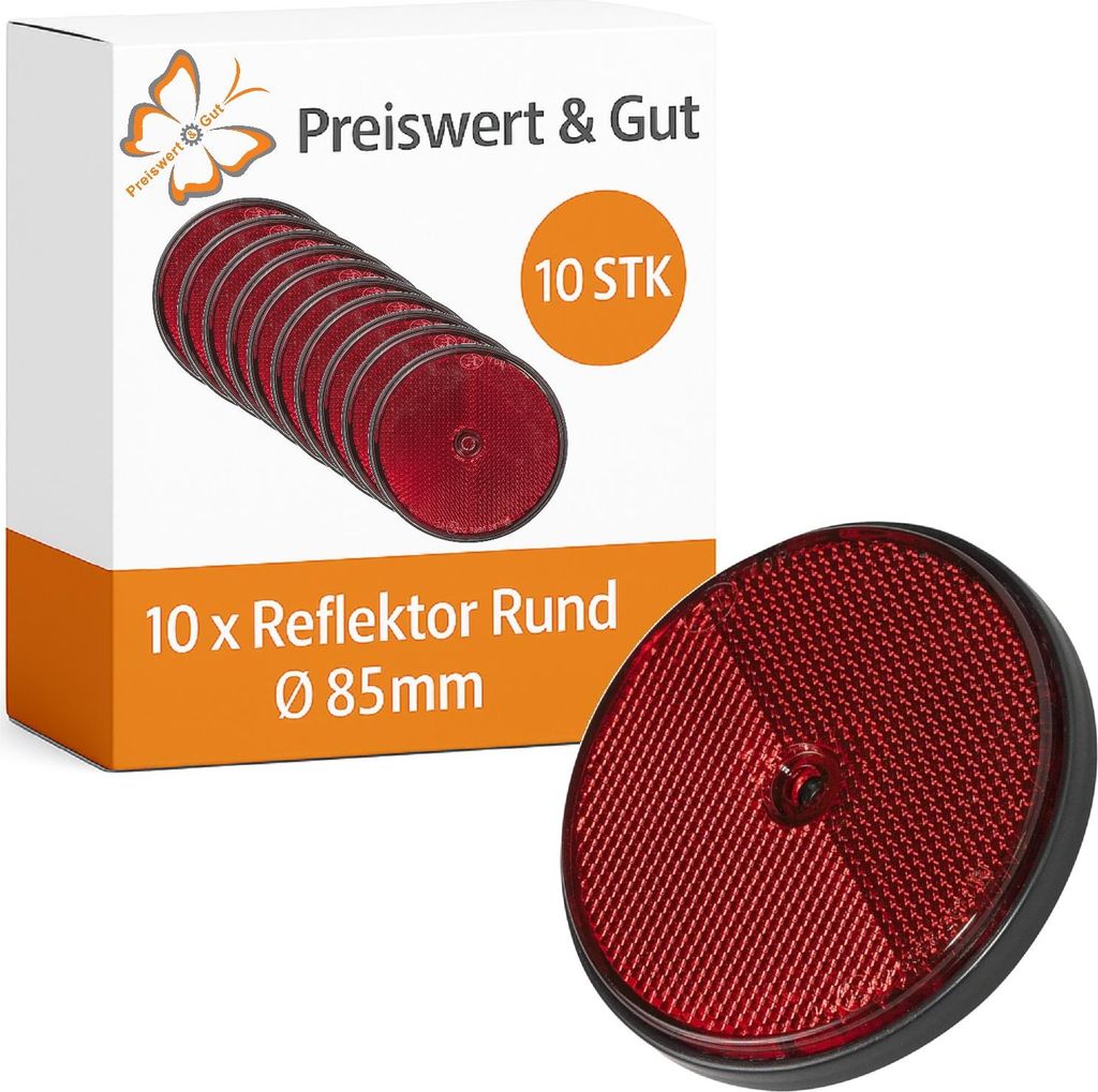 10 x Anhänger Reflektoren, Ø85mm, Rot, Rund, E3, Lochdurchmesser 5mm, Reflektor für Anhänger, Fahrradträger & Wohnwagen