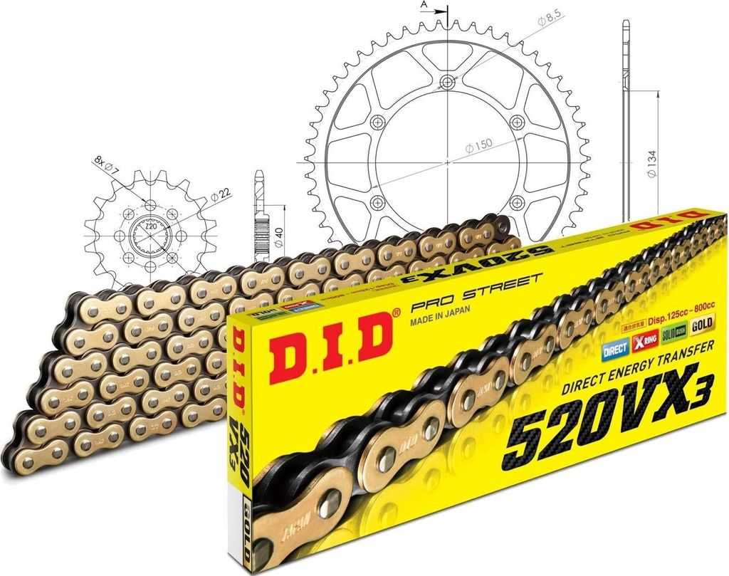 Kit Stealth (gold) passend für Kawasaki KX250 F 06-10 13-48-112 DID520VX3(G&B) Endlos