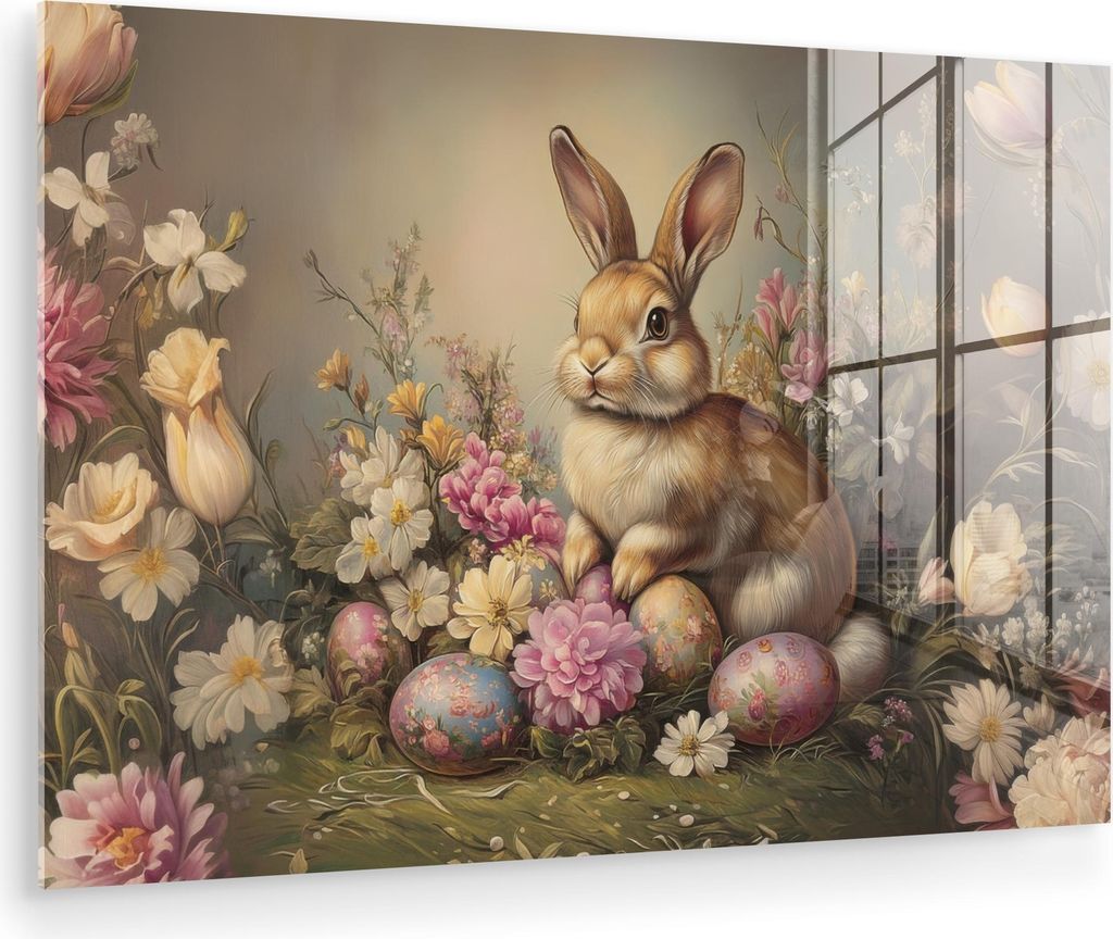 MuchoWow Glasbilder - Bilder auf Wandbild - Foto auf Glas Hase - Stilleben - Blumen 60x40 cm Wanddekoration aus Glas - Acrylglasbild - Acrylbilder ...