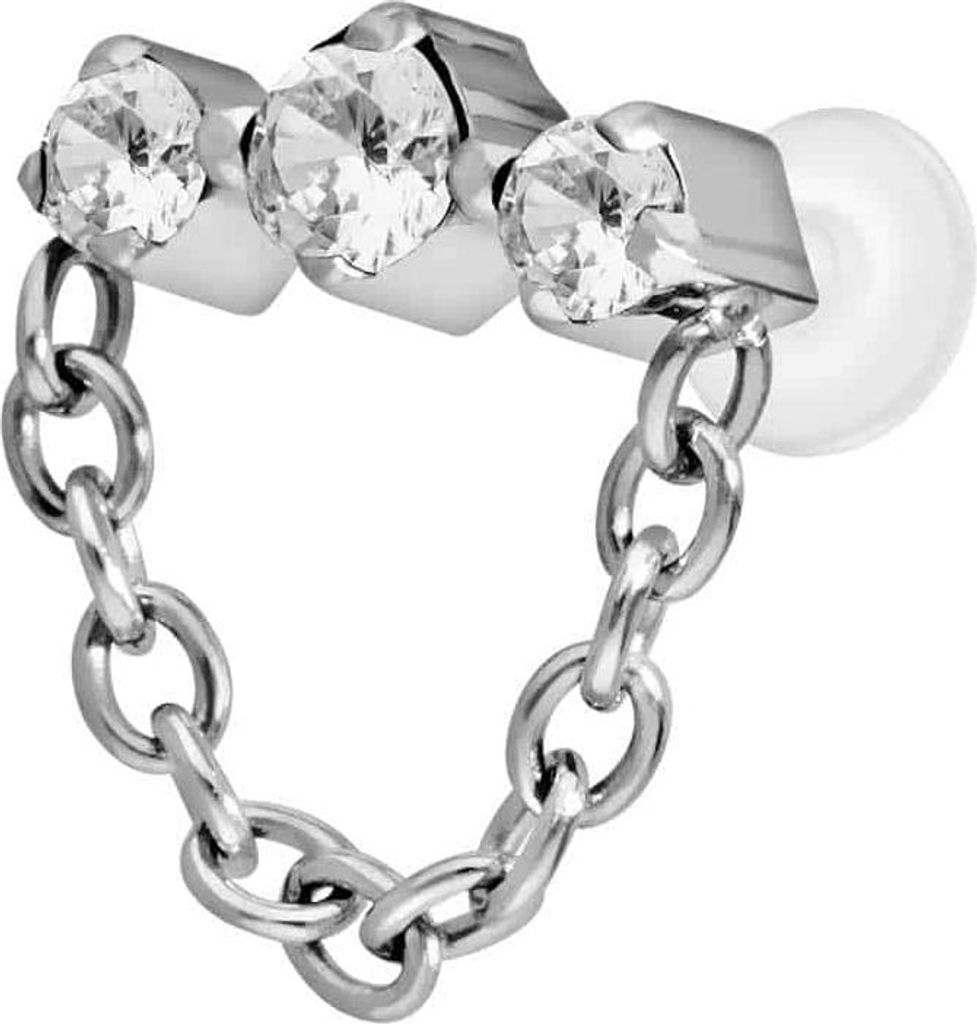 Ohrpiercing, Nasenpiercing PTFE Labret mit Innengewinde + Titan-Aufsatz 3 EINGEFASSTE KRISTALLE + KETTE Silber Stablänge: 10mm | Stabstärke: 1,6mm