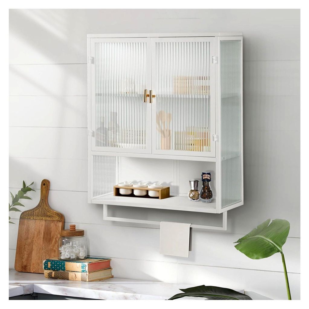 60CM Moderner Wandschrank mit Glastüren - Elegant und Stauraum: 2 geschlossene Fächer, offenes Regal und Handtuchhalter für Flur, Wohnzimmer, Ba...