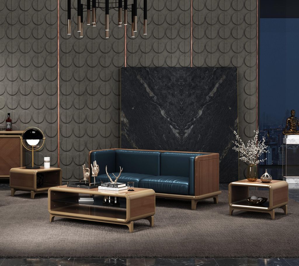 3-Sitzer Sofa in Dunkelblau mit braunem Holzrahmen – elegant und modern