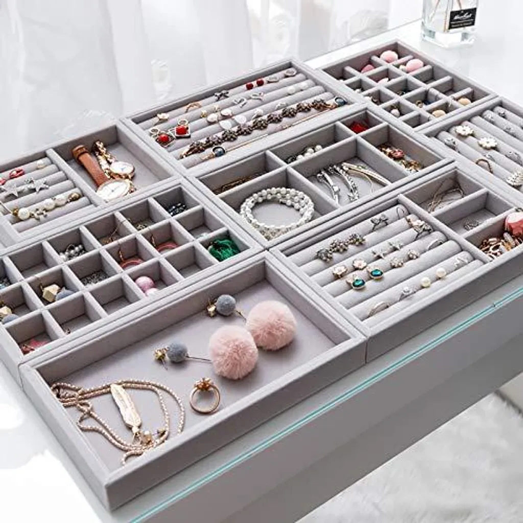 Organiseur à bijoux 4 compartiments empilables modulables gris clair - 2