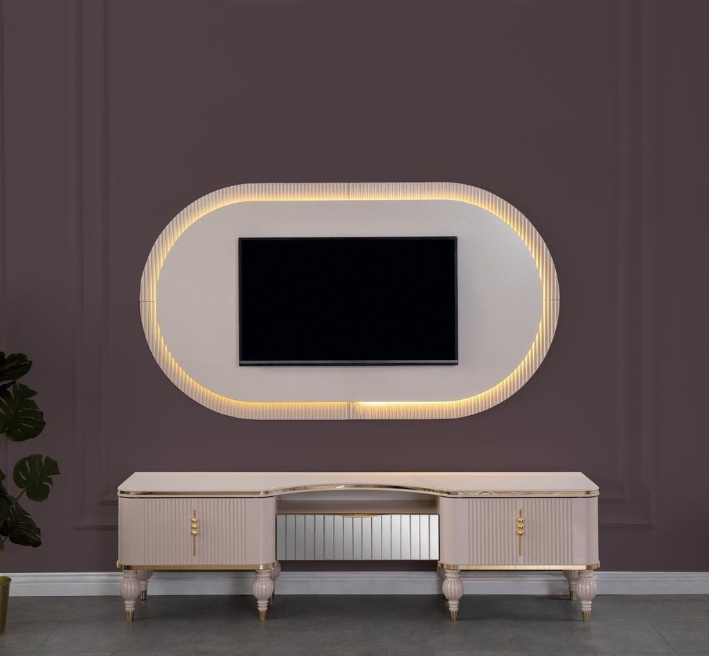 Moderne Beige Wohnwand Garnitur Designer RTV-Lowboard Wandpanel 2tlg