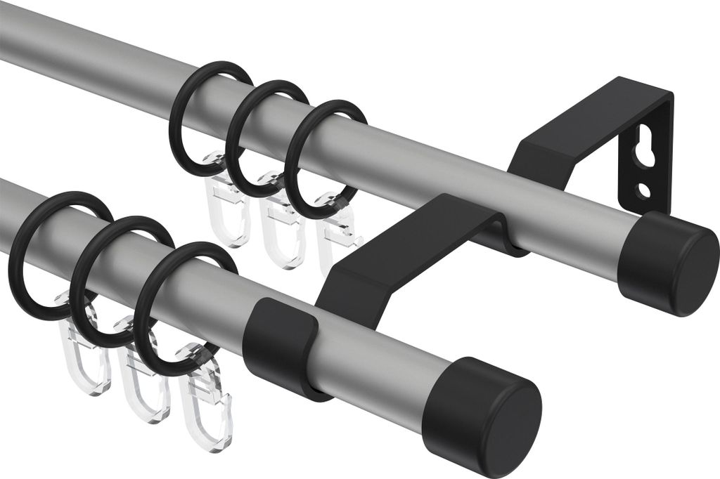 Interdeco Gardinenstange / Vorhangstange Silbergrau / Schwarz, Typ Olymp Lucan (Kappe), 16 mm Ø 2-läufig, 180 cm