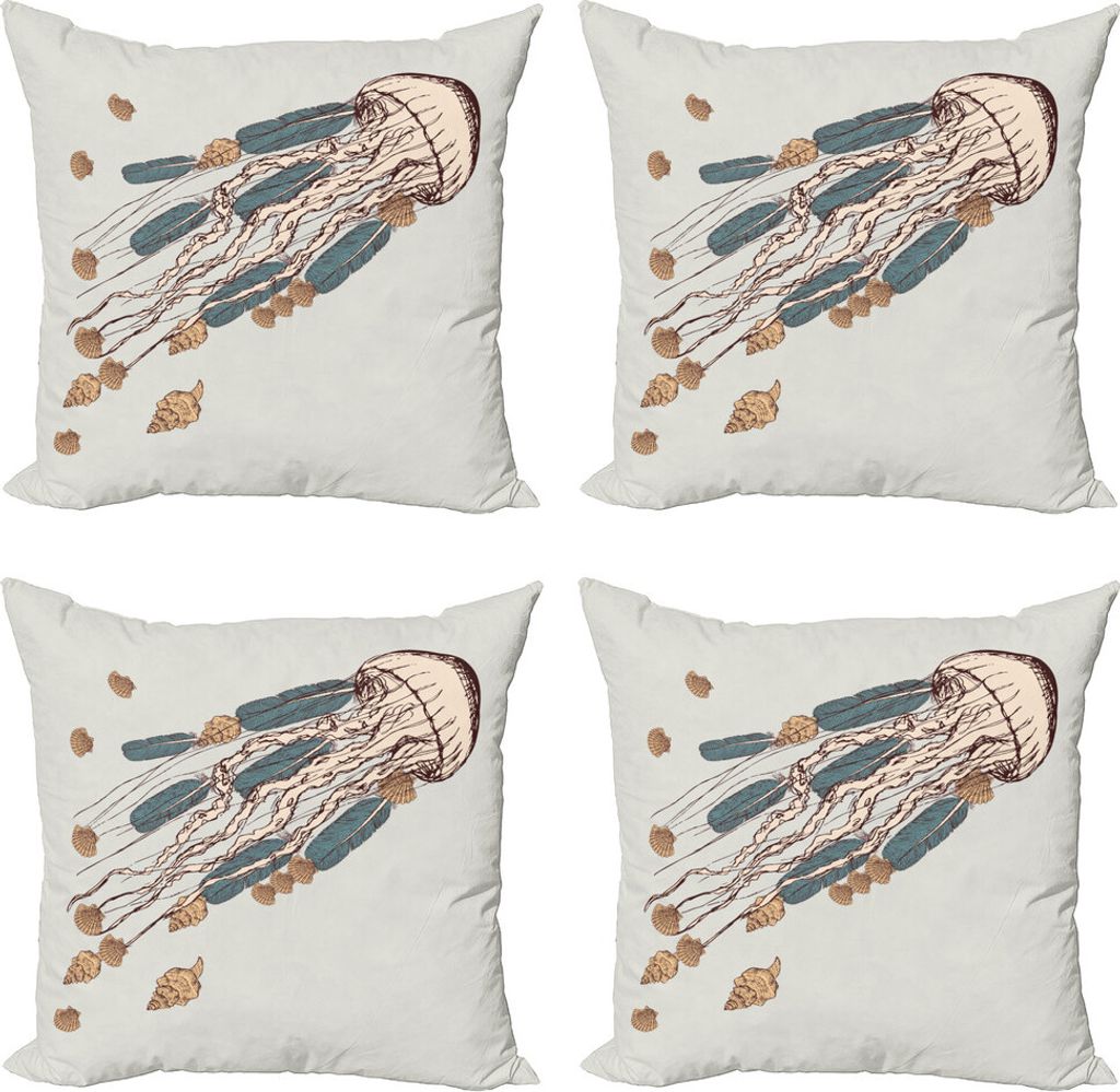 ABAKUHAUS Qualle Kissenbezug Set (4 Stück), Boho Feder, Moderner Doppelseitiger Digitaldruck, 60 cm x 60 cm, Grau Beige Braun