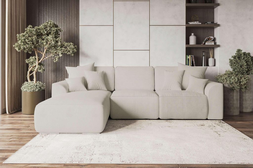 99rooms Gusto Ecksofa Cordstoff POSO Greige Links mit Schlaffunktion