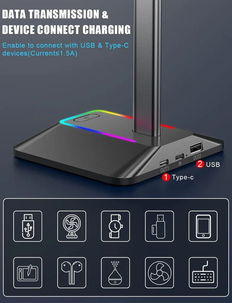 Support casque RGB noir avec hub USB Type-C et transfert de données PC