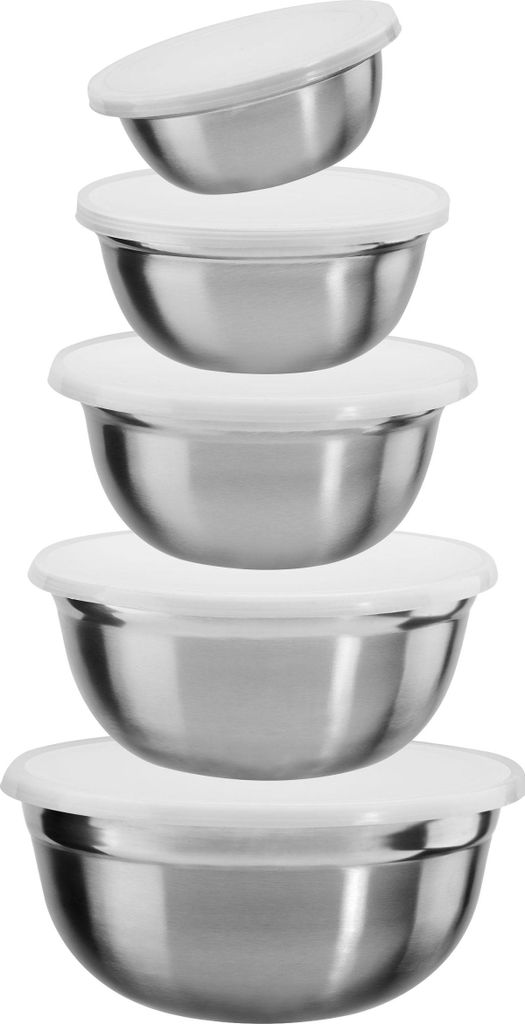 A stack of five stainless steel mixing bowls with white lids, arranged from smallest to largest.