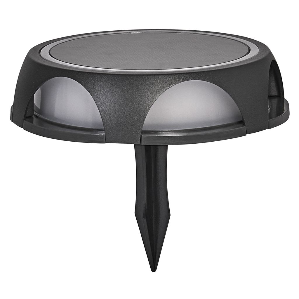 A dark gray outdoor solar lamp with a spike for ground insertion, shown against a white background.