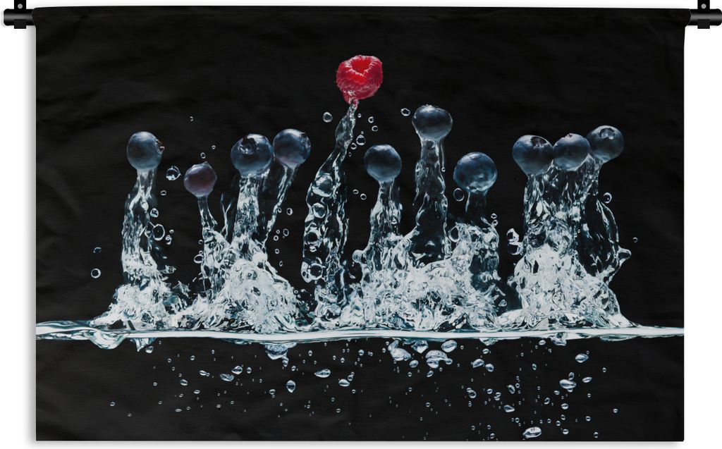 MuchoWow Wandteppich Wandbehang Beeren - Wasser - Schwarz - Obst - Himbeere 150x100 cm Tapisserie Dekoration Wandtuch - Waschbar - Tapisserien - ...