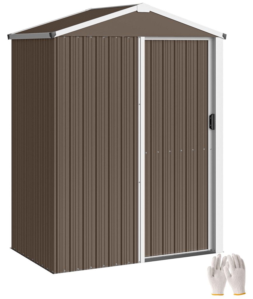 Metall Gerätehaus 1,1 m², Geräteschuppen mit Sattedach Abschließbarer Schiebetür Handschuhen, 136 x 87 x 179 cm, Braun, für Garten und Terrasse