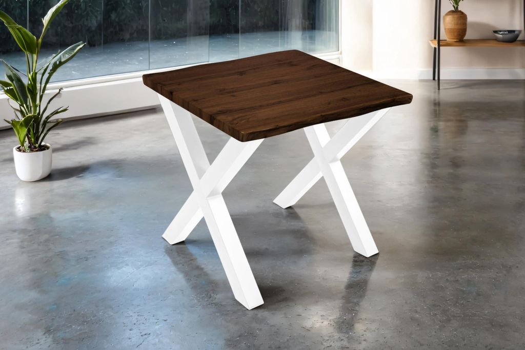 Esstisch Josy | 80 x 80 cm | Holz Nussbaum-Optik | X-Gestell Metall weiß | 40 mm Tischplatte mit Baumkante | Tisch für Esszimmer & Küche