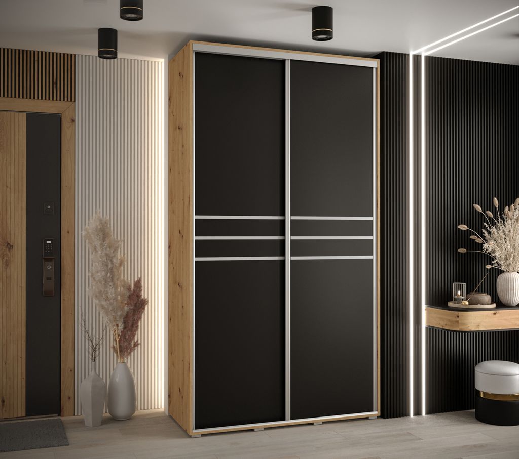 Kleiderschrank ASIRI 10 - 130/45 cm, Artisan-Eiche / Schwarz / Silber