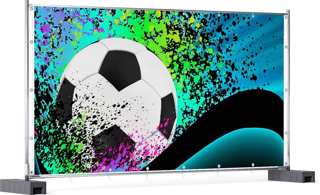 Wallario XXL Outdoor-Poster für Garten oder Balkon, Motiv Fußball - Design Wellen und Regenbogen in blau, in ca. 340 x 173 cm