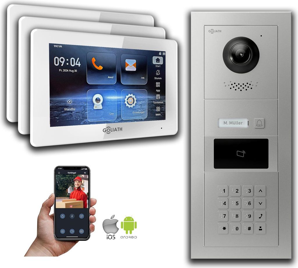 Goliath IP Video Türsprechanlage mit Kamera 7-Zoll Zahlencode RFID Silber : 7 Zoll in Weiß : Unterputzdose : 3 Monitore Anzahl: 3 Monitore Farbe:...