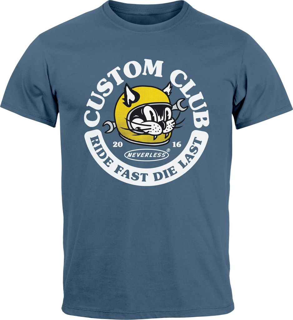 Herren T-Shirt Biker Motiv Racing Cat Schriftzug Ride Fast Die Last Fashion Streetstyle Neverless denim blue S