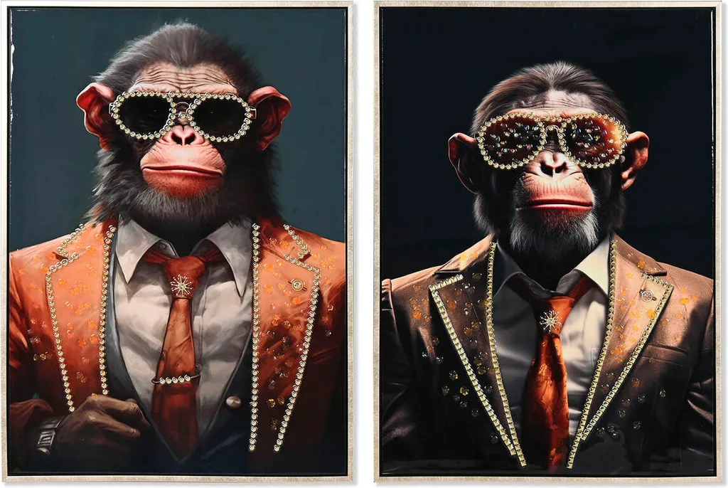 Duo de Tableaux Déco Moderne Chimpanzé en Toile Vernie 52,5x72,5 cm
