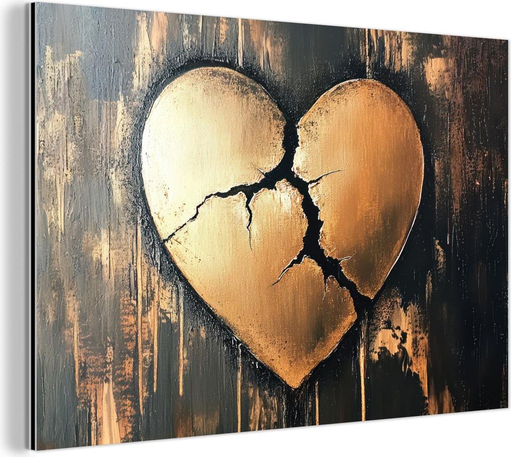 MuchoWow Wanddekoration Metall Metallbild Wandkunst 60x40 cm Gebrochenes Herz - Gold - Holzoptik - Liebe MuchoWow Aluminium Gemälde - Gemälder