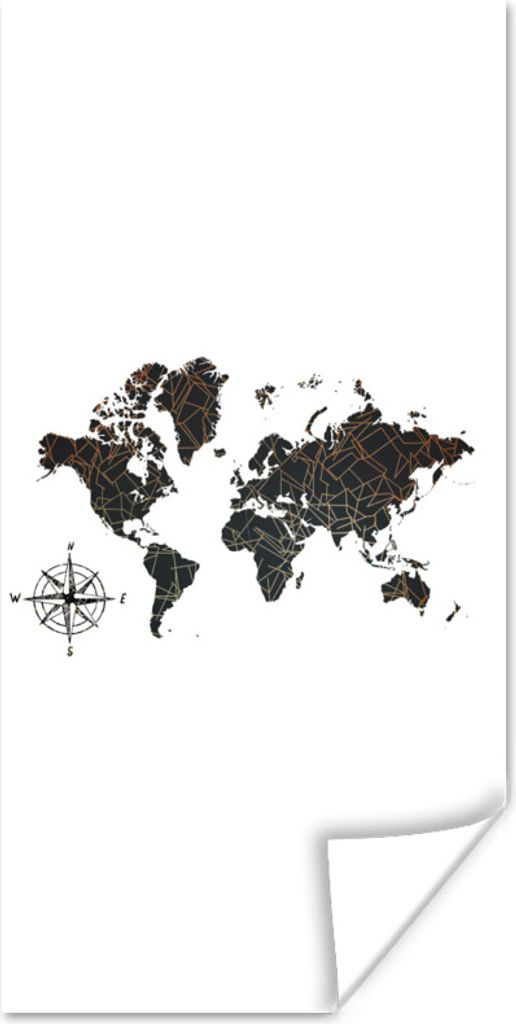 MuchoWow Poster Weltkarte - Gold - Schwarz - Windrose 60x120 cm - Wandschmuck