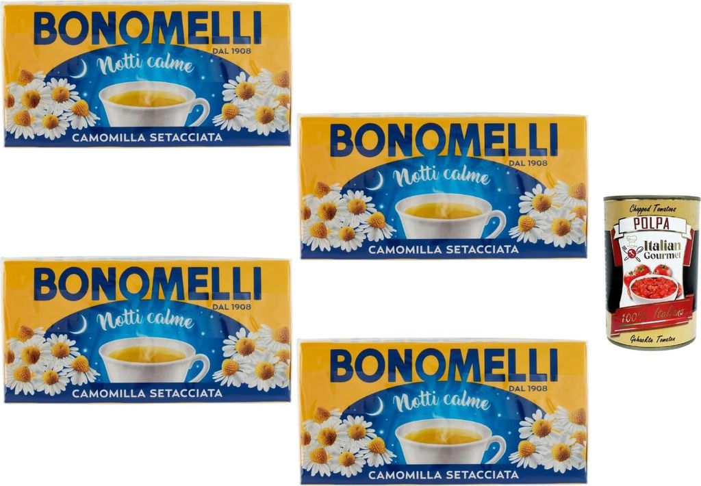 Bonomelli Notti Calme Kamillentee 4er Pack beruhigender Abendtee Camomilla Setacciata italienischer Kräutertee koffeinfrei + Italian Gourmet polpa
