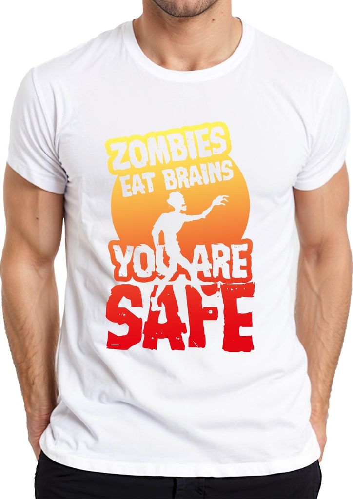 ZOMBIES EAT BRAINS YOU ARE SAFE Halloween Horror Zombie Geschenk Herren T-Shirt, Weiß, S