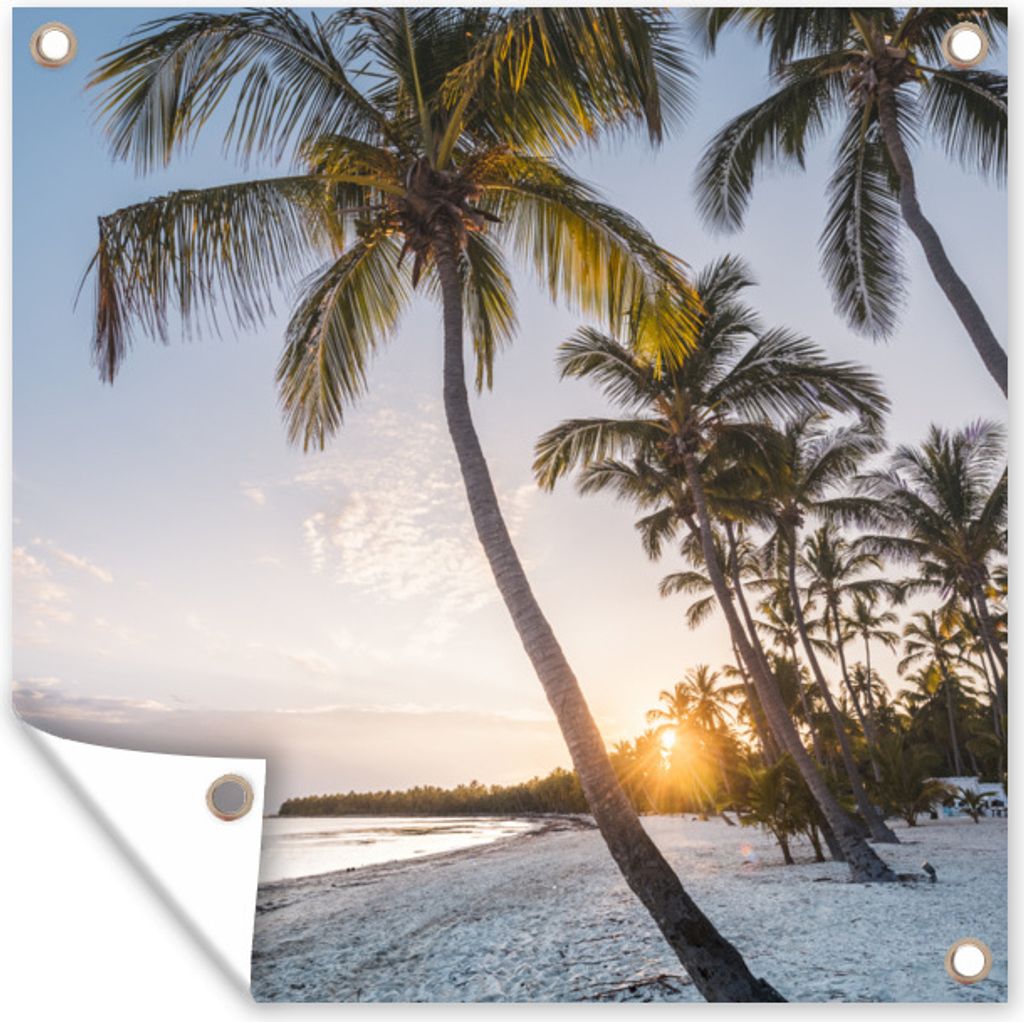 MuchoWow 100x100 cm Outdoor-Poster Gartendeko Sichtschutz Garten Poster für den Garten Strand - Sonnenuntergang - Palme