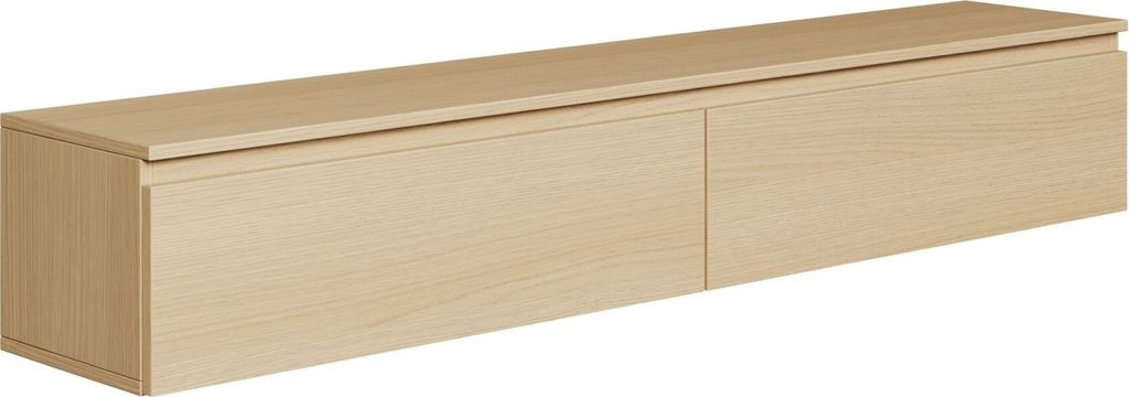A long, narrow, light-colored wooden TV board with two drawers is shown against a white background.