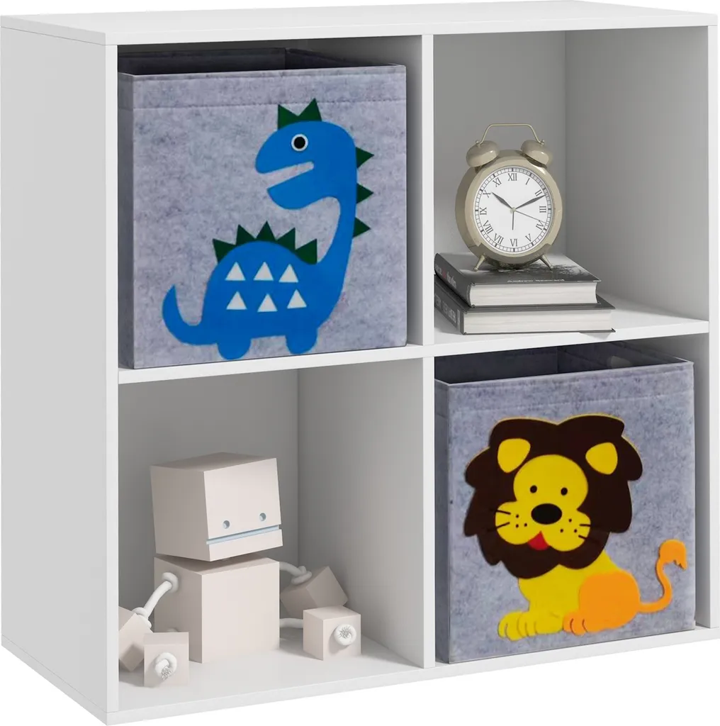 Rangement Chambre Enfant : Étagère à Livres Basse avec Bacs Gris et Blanc